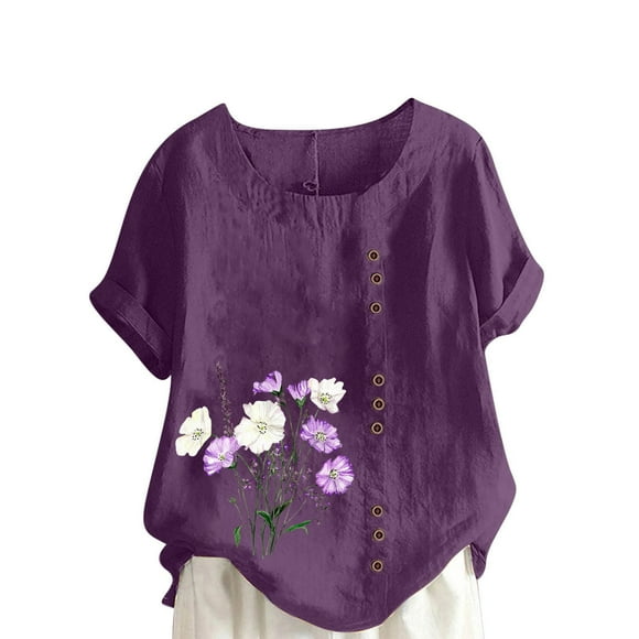 Vestidos Casuales Para Mujer, Blusas De Mujer De Moda Blusa informal de lino con cuello redondo, manga corta y botones para mujer
