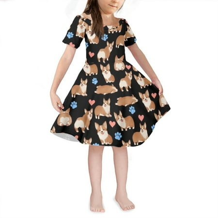 

NETILGEN Cute Cartoon Corgi Pattern Print Little Girl Dresses Stylish Casual Sleeve Skater Sundress Size 3-4 Y