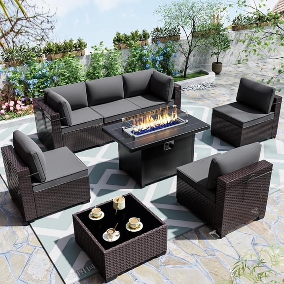 ASJMR 8 Pieces Outdoor Patio Furniture Set with Iron Fire Pit Table,Outside PE Rattan Wicker Sectional Sofa Conversation Sets with Grey Cushions