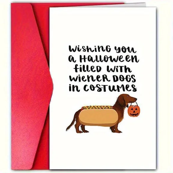 Halloween Card with Adorable Wiener Dogs in Costumes – Fun Greeting for Friends & Family – Perfect for Spooky Season Celebrations
