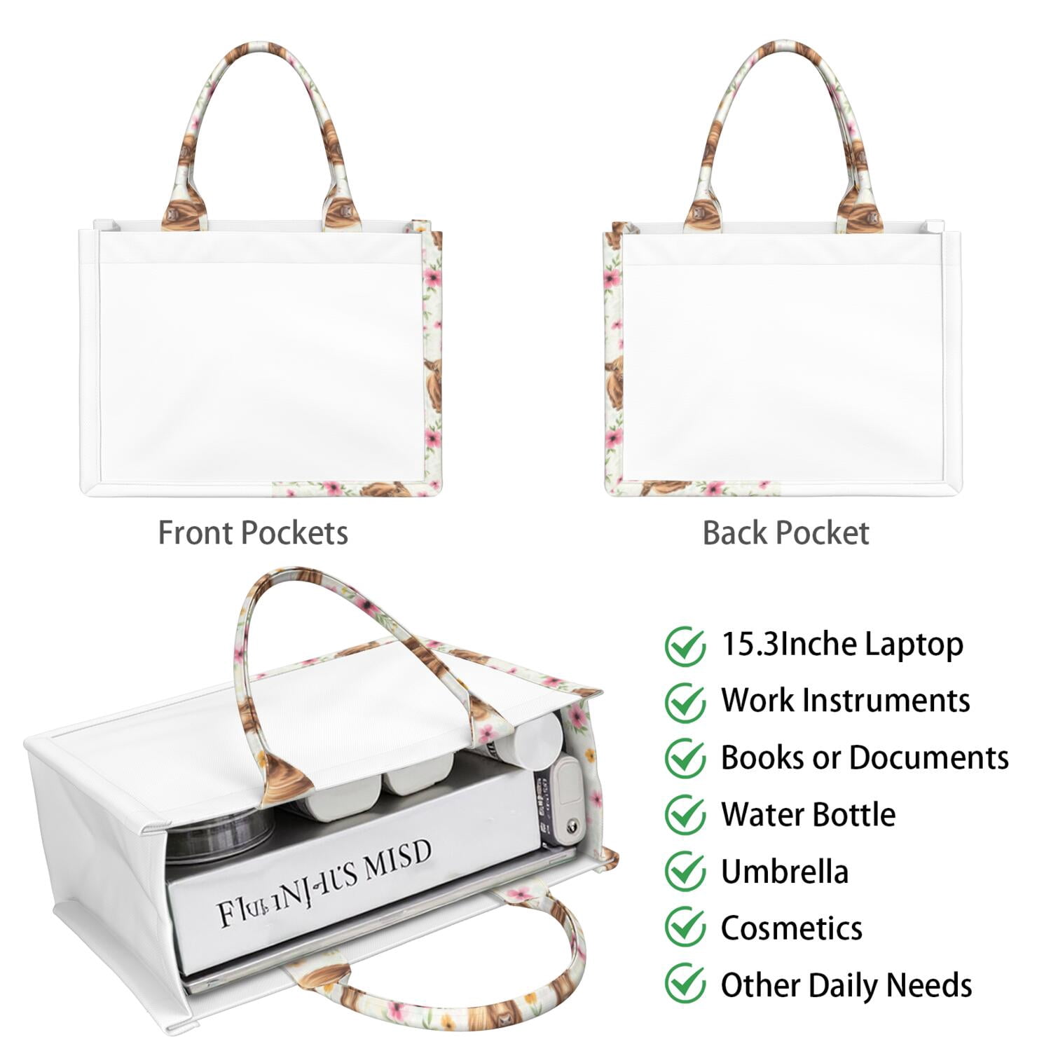 Large Capacity Tote Bag,White Highland Cow Flower Pattern Handbag Fashion Luxury Tote Bag,15.7"x13"x 5.1" Inches,Laptop Compatible
