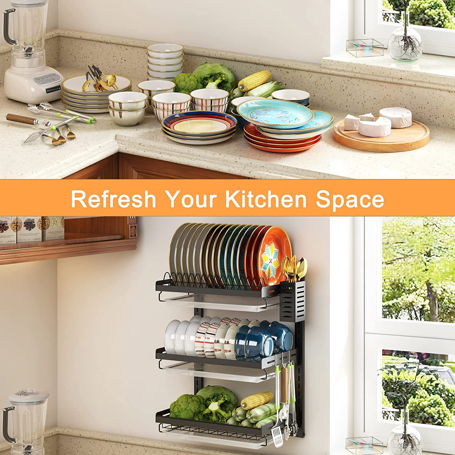 Wall Mounted Dish Drying Rack, 3 Tier Stainless Steel Hanging Drainer with Cutlery Holder and Hooks for Kitchen