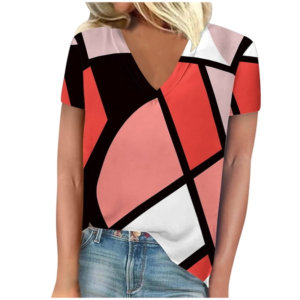 Camisetas de Manga Corta para las Mujeres de Cuello en V Sólido Casual Camiseta, 95% Poliéster 5% Spandex Vintage Ligero Top para Diario, Fiesta Y Primavera