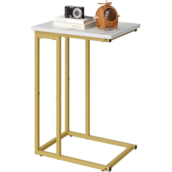 VFDTBUHN C Shaped End Small Side Tables for Sofa Bed Couch Tables That Slide Under Drink Snack for Living Room Bedroom Small Space Wood Top and Gold Metal Frame