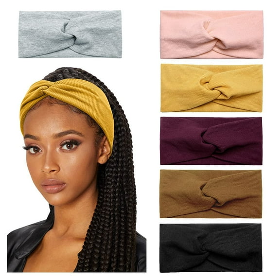 6 Pack Turban Headbands for Women Wide Head Wraps Knotted Elastic Teen Girls Yoga Workout Solid Color Hair Accessories