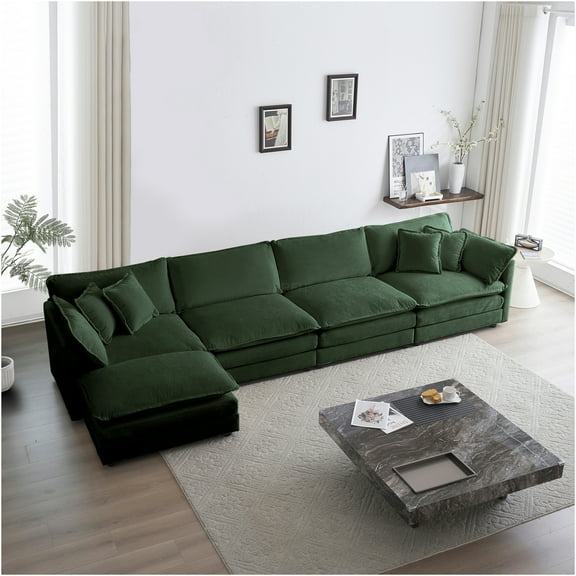 JERFIT U-Shaped 5-Seater Modular Sectional Sofa with Ottoman, Convertible Chenille Fabric Couch for Living Room, Green