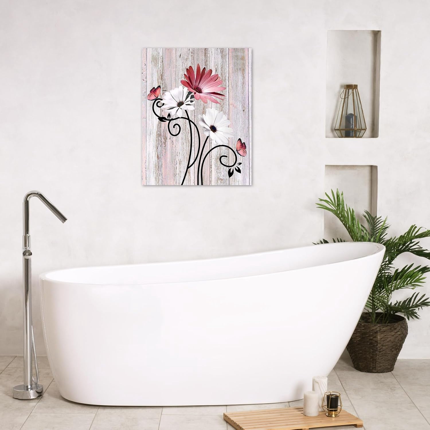 Floral Canvas Wall Art - Daisy & Butterfly Botanical Wall Decor, Rustic Farmhouse Pictures for Living Room, Bedroom, Bathroom & Home Office