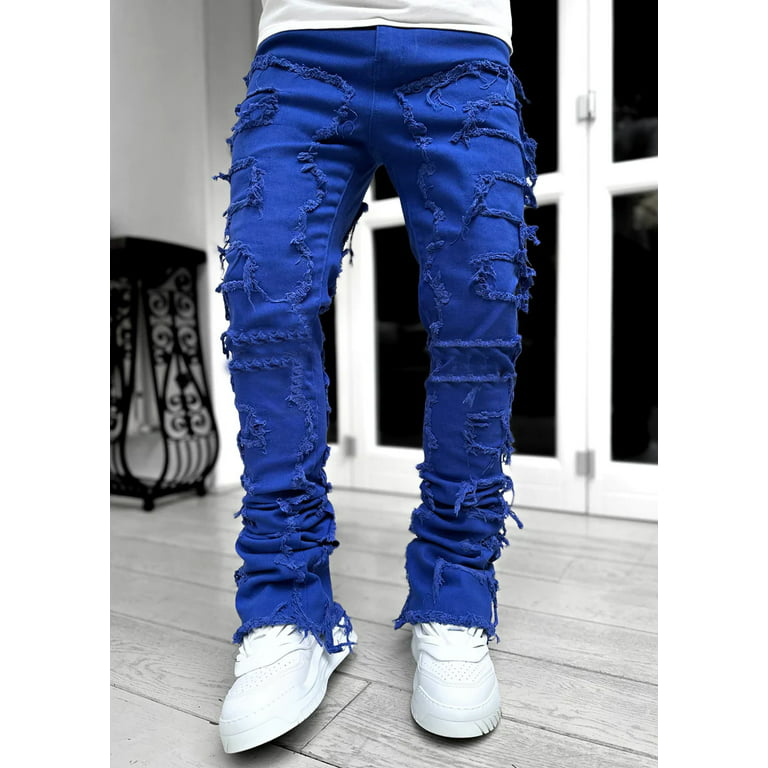 High Quality Biker Jeans Men With Graffiti Pattern And Damaged Hole Blue/ Purple Street Denim Slim Fit Stretch Ripped Pants By Brand With Tags From  Amoyoutfit, $51.52