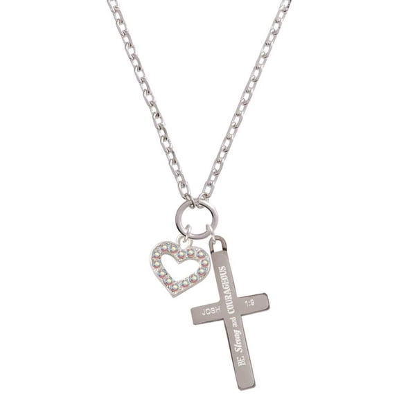 Delight Jewelry Silvertone AB Crystal Open Heart Be Strong and Courageous Engraved Cross Zoey Necklace, 28"