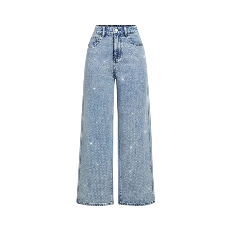 TEAJOPSUU Womens Rhinestone Jeans High Waisted Wide Leg Y2K Denim