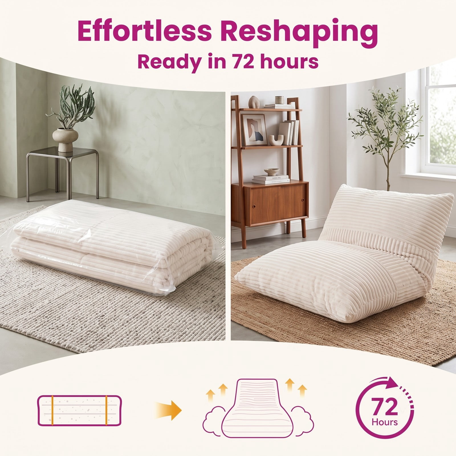 Furnibear 3-in-1 Large Bean Bag Chair, Convertible Corduroy Lounger Sofa Bed with Soft Sponge Fill and Zip-Off Washable Cover for Living Room Bedroom Dorm, Beige