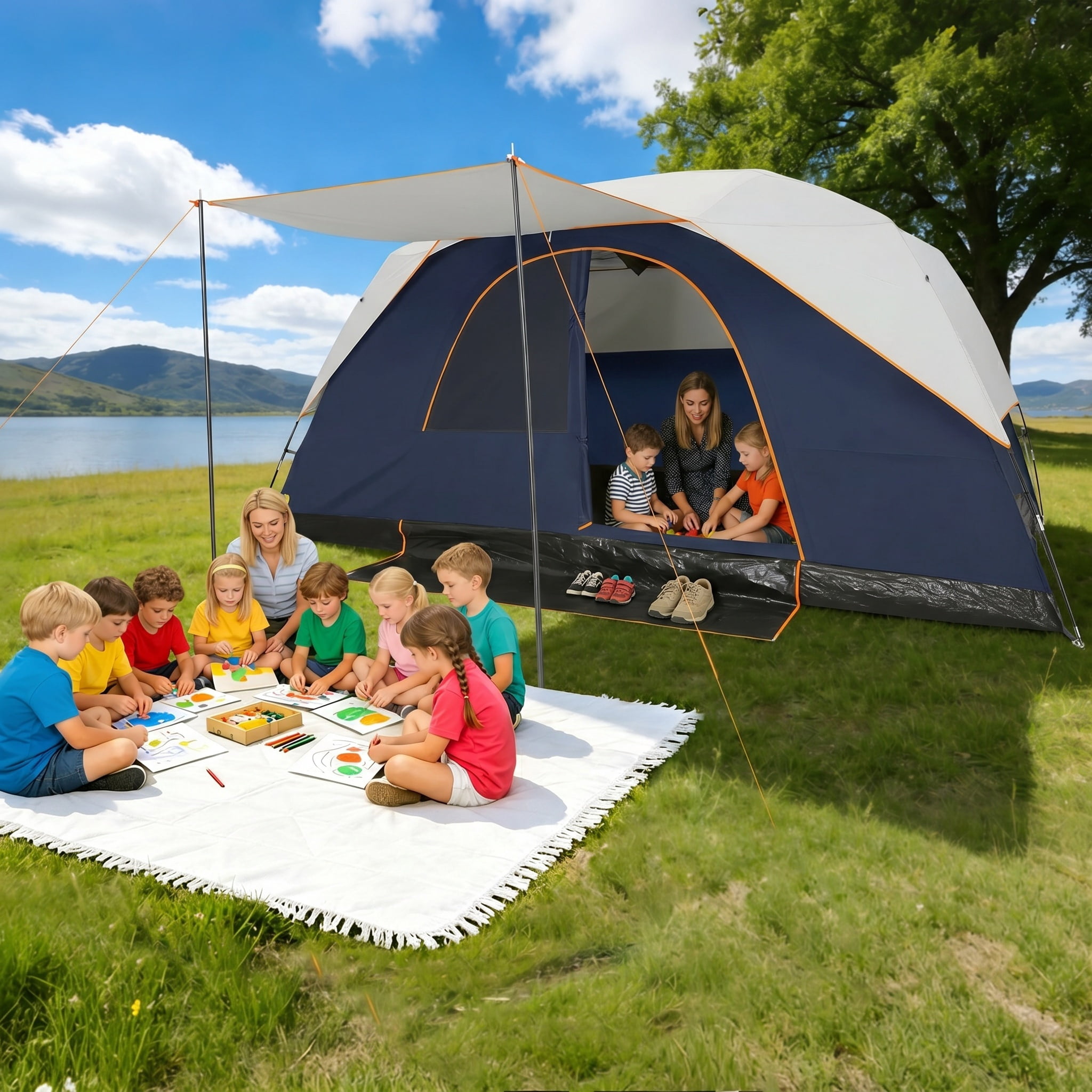 SANOPY 10 Person Instant Camping Tent with Removable Rainfly, Auto Setup Pop Up Tent for Family Outdoor /Hiking/Traveling with Carry Bag, Blue
