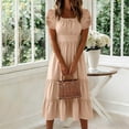 thumbnail image 4 of PRINxy Women's Square Neck Puff Short Sleeve Tiered Midi Dress High Waist A Line Casual Dress for Summer Daily Wear Vacation Khaki M, 4 of 5