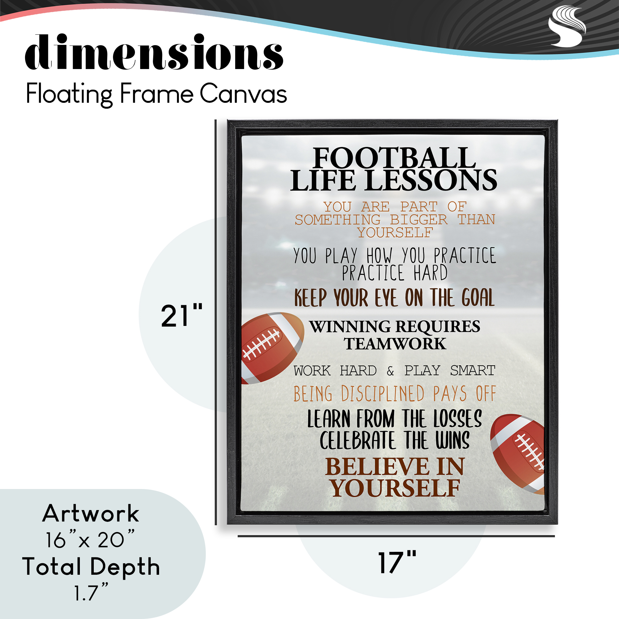 Football Life Lessons Black Framed Floater Canvas Wall Art, design by Kim Allen