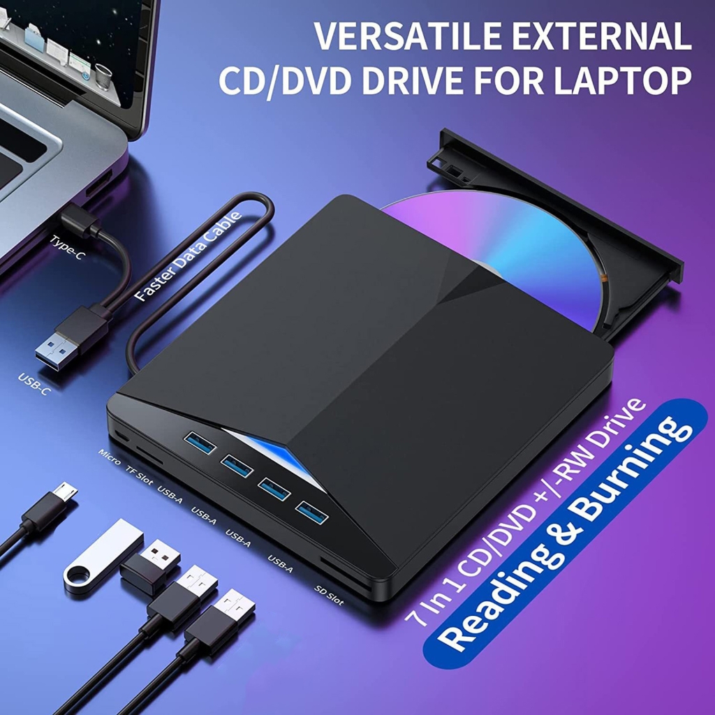 BQBQERT 7 Port External Video Disc Drives for Laptop USB C USB3.0 Portable Burners Writer with Card Slot USB Ports Fast Speed Re