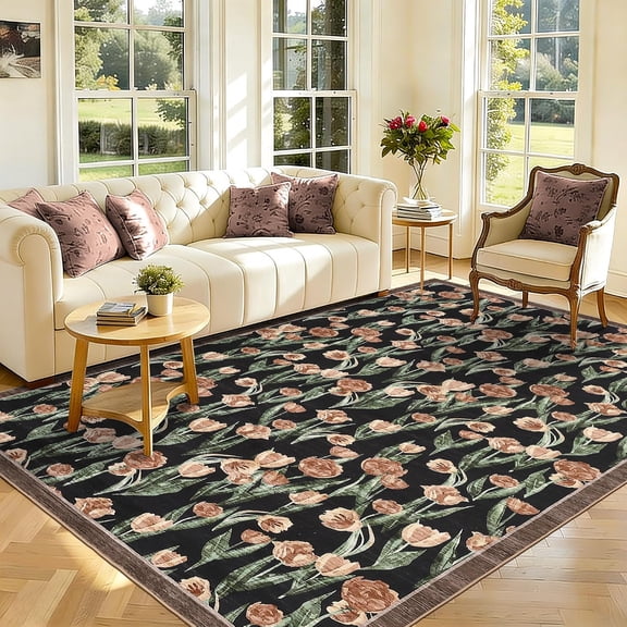 9x12 Floral Area Rug - Washable Non Slip Low Pile Tulip for Living Room Bedroom, Black