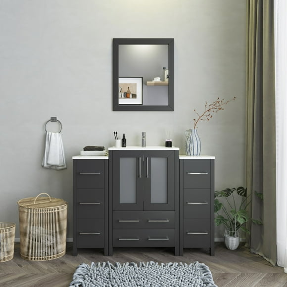 Vanity Art 60 in. W Double Sink Bathroom Vanity with Ceramic Top and Free Mirrors