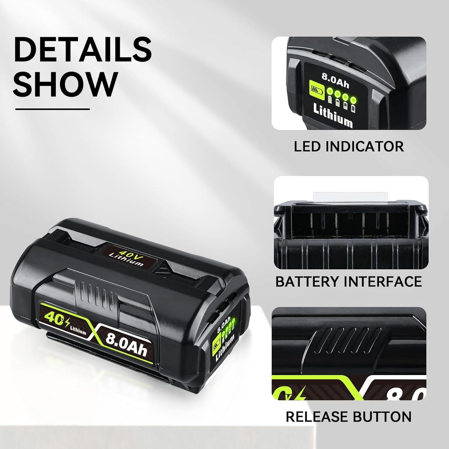 Upgraded 8.0Ah Replacement for Ryobi 40V Battery Compatible with OP4026 OP40601 OP4050A OP4040 40V Cordless Power Tools