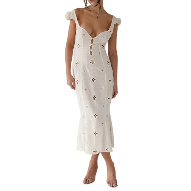 SAYOO Pantalones Cortos de Verano/Vestidos Largos para Mujer, Color Sólido Fuera del Hombro Recorte Diseño Mujer Vestido Delgado SAYOO Moda