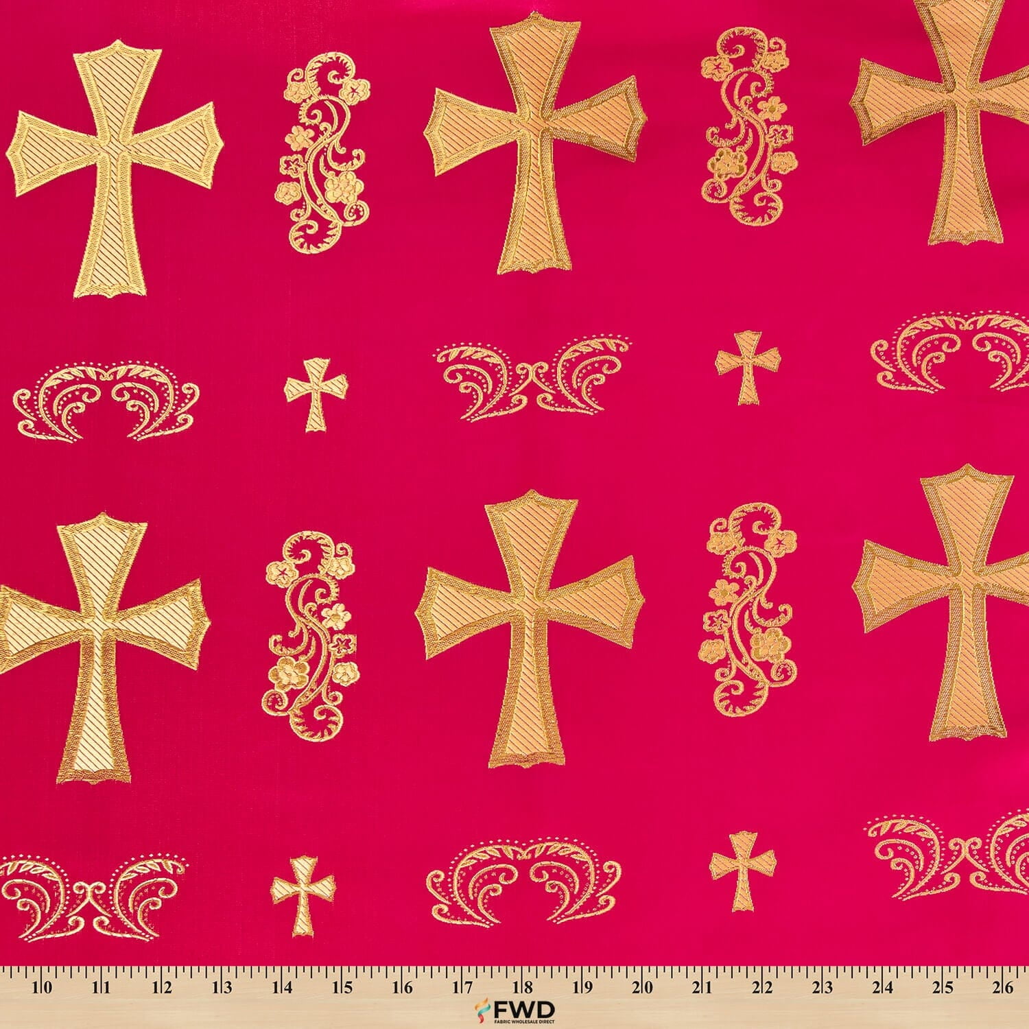 Metallic Clerical Church Cross Brocade Fabric 58/60" Wide Sold By The Yard Many Colors (Fuchsia / Gold)