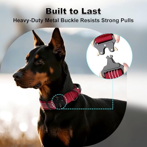 Tactical Dog Collar with Tracker Pocket for AirTag, Adjustable Reflective Nylon Collar, Metal Buckle, Leather-Wrapped Handle, Soft Padded for Medium Large Dogs (Burgundy Red, M)