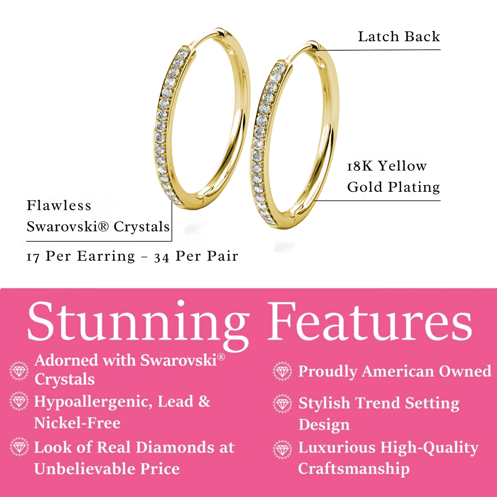 Cate & Chloe Pack of 3 - Bianca 18k Yellow Gold Plated 25mm Hoop Earrings with Swarovski Crystals for Women