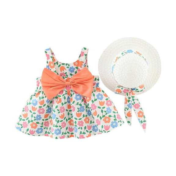 Atogsazn Dresses for Girls Clearance Toddler Baby Girl Summer Bow Decoration Flower Print Suspender Dress With Hat 2-3 Years Orange