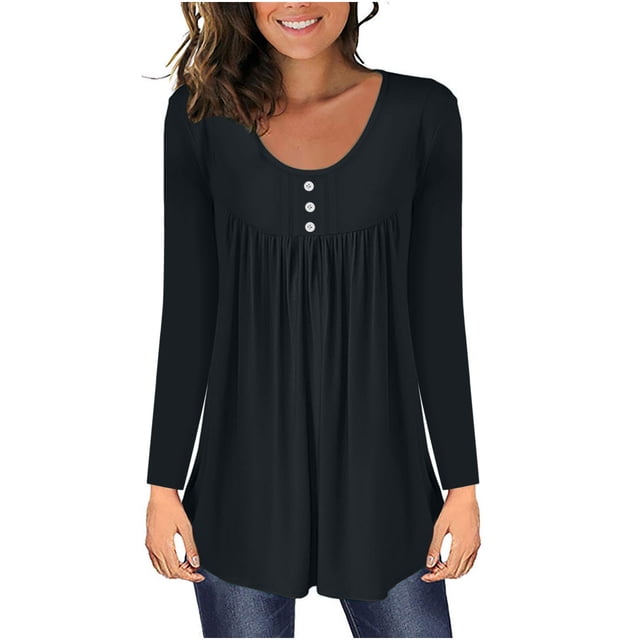 Kovlvoll Tops for Women Long Sleeve Round Neck Button Pleated Casual Comfy Solid Color Fall Base Shirts
