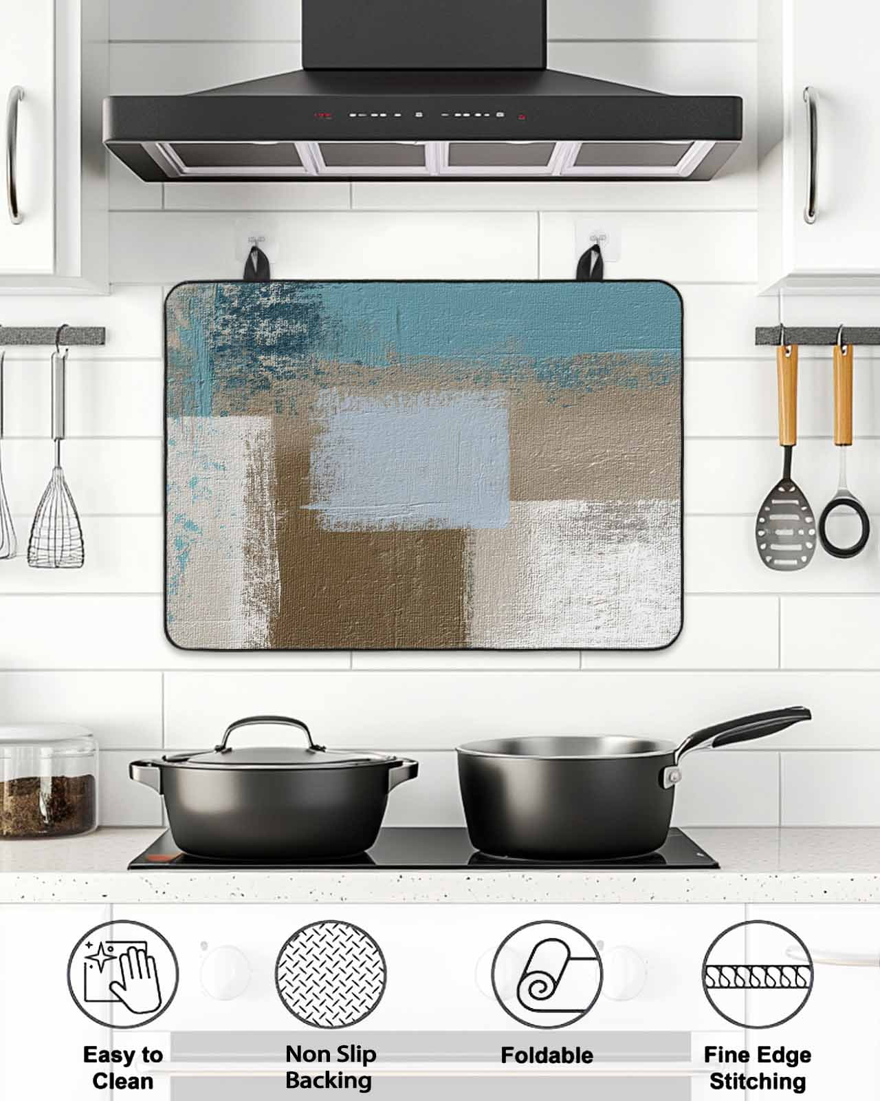 Stove Top Covers for Electric Stove, Teal Blue Glass Stovetop Cover Protector, Brown White Minimalist Retro Smear Ombre Art Induction Cooktop Protector Oven Mat for Kitchen Countertop 31"x24"