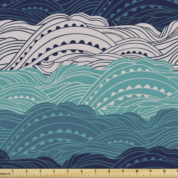 Ambesonne Wave Fabric by the Yard Upholstery, Ornamental Waves in Blue Tones, 5 Yards, Multicolor