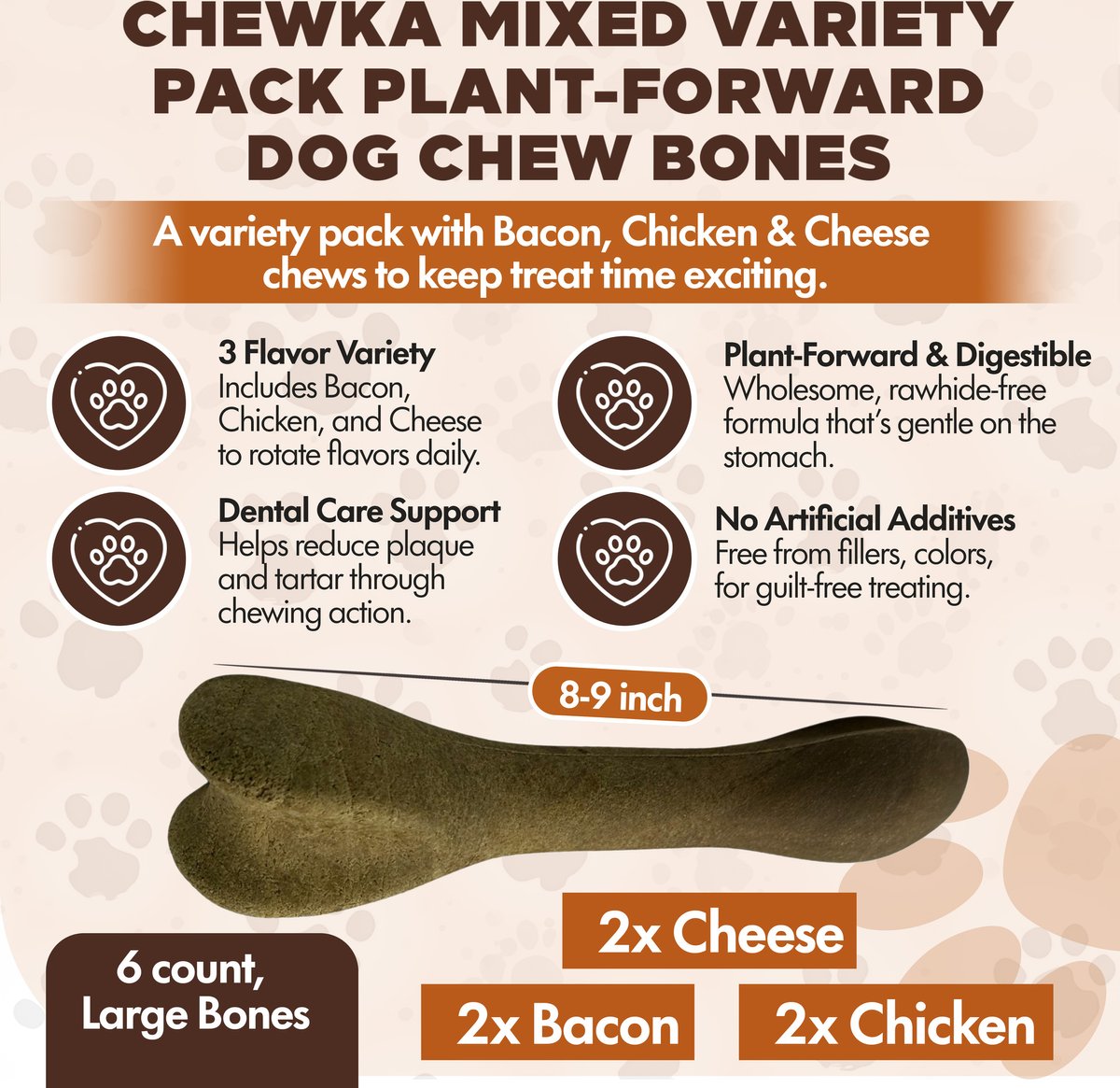 Scoochie Pet Chewka Mixed Variety Pack Bacon, Chicken & Cheese Flavored Plant-Forward Fully Digestible Dog Chew Bone, Large, 6CT