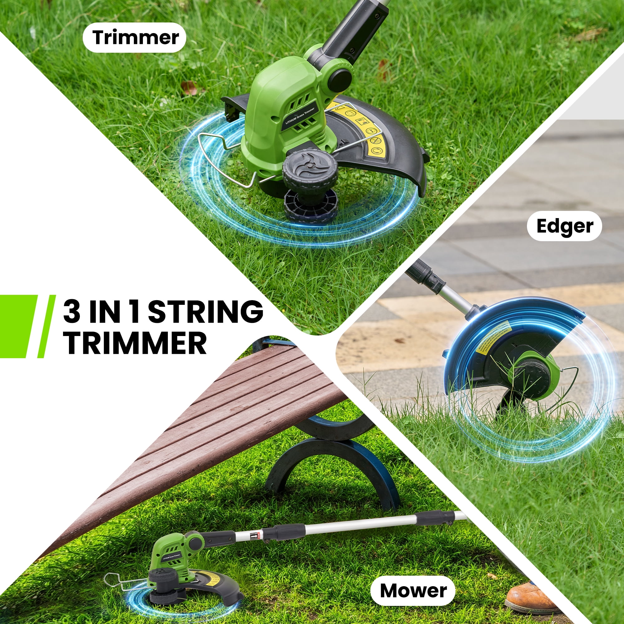 TACKLIFE 20V 12" Cordless String Trimmer & Edger, Handle Adjustable Weed Eater  Grass Trimmer with 3 lines, 2.0Ah Battery & Charger, Auto Line Feed,Green
