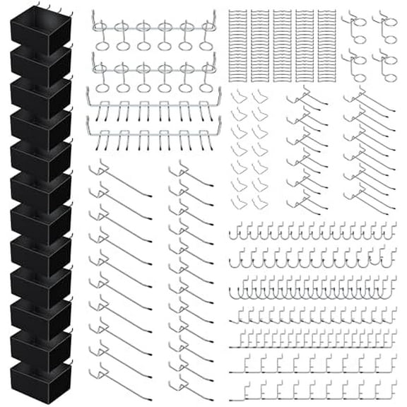 280 Piece Pegboard Hooks Kit, with 16 Hook Types, Fits Both 1/8" and 1/4" Pegboards with 1" Spacing, Durable Steel for Garages, Workbenches, Workshops, and Kitchens Tool Organization$$Hardware