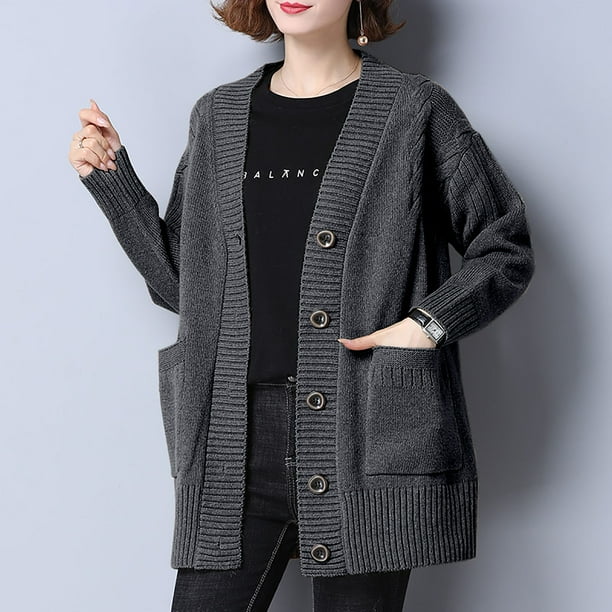 Suéter de cuello en V para mujer, cárdigan de punto holgado de otoño e invierno, suéter holgado de largo medio para mujer, suéter de cuello en V, blusa para mujer