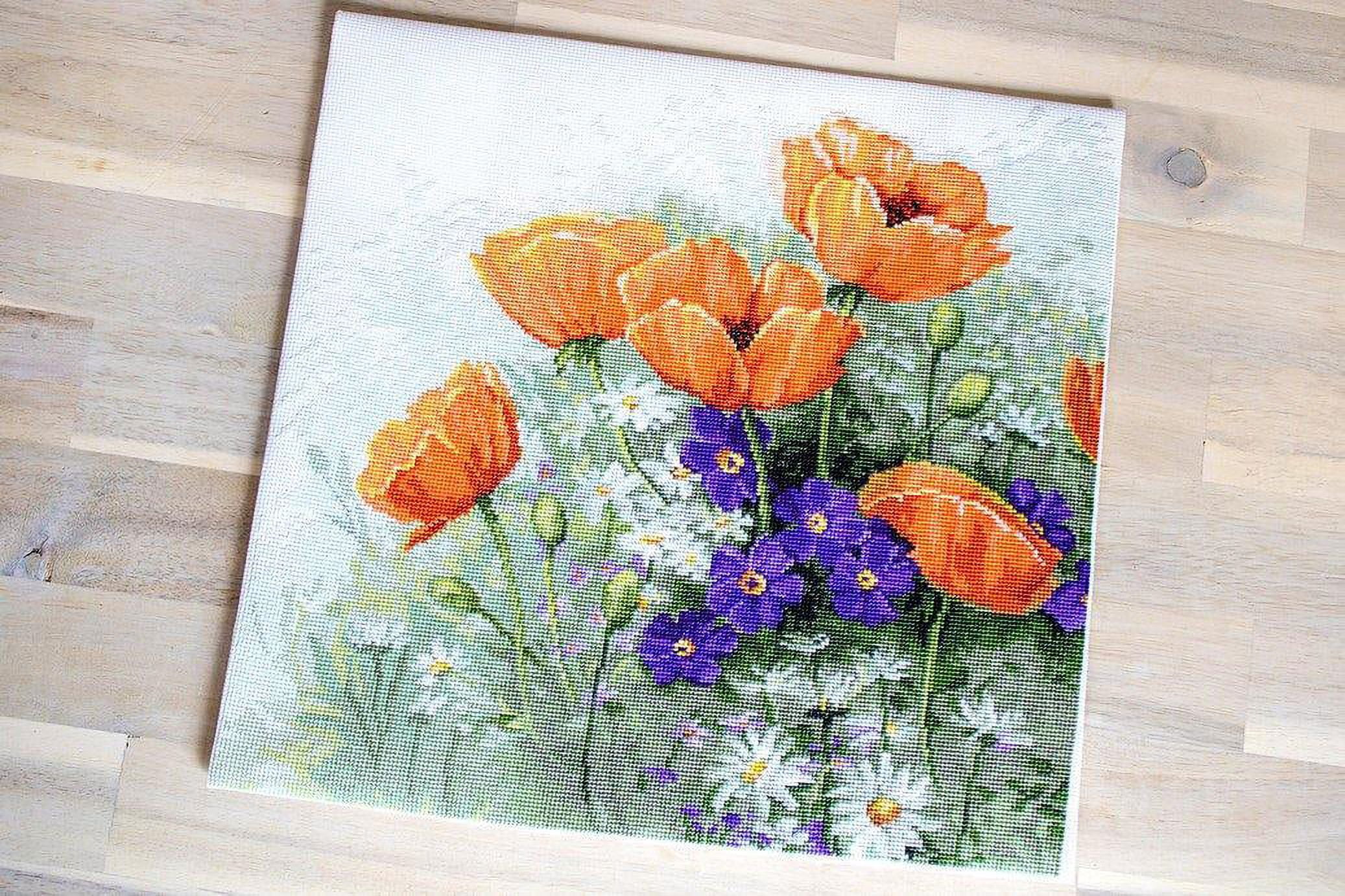 Counted Cross-Stitch Kit Poppies B2368 Needlework Flowers Orange Purple Green White Nature By Luca-S Canvas Cotton Easy Grass