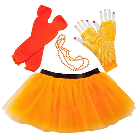 Neon Orange So Sydney Womens Teen 80's Costume & Accessories - Tutu, Leg Warmer,s Fishnet Gloves, &