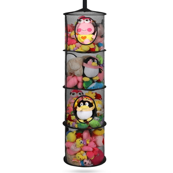 Stuffed Animal Storage Hammock, 4-Section Foldable Hanging Organizer for Plush Toys Items, Room Closet Corner Storage Net, Durable Mesh Design (Black)