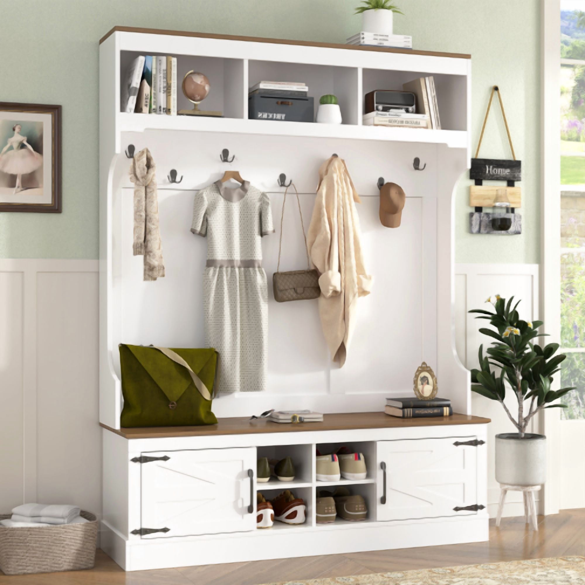 71" Farmhouse Hall Tree with Bench and Shoe Storage, 5-in-1 Entryway Organizer with Coat Rack, 4 Shoe Cubbies, 7 Hooks, White