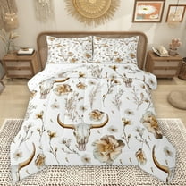 Homewish Rustic Bull Skull Bedding Comforter Set,Country Floral Twin Comforter Sets,White Brown Bedding Set For Teens,Ultra Soft Home Decor Reversible,2pcs
