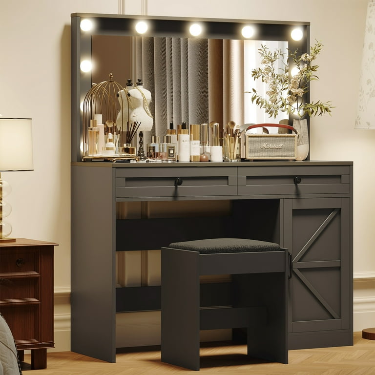 UHOMEPRO Black Vanity Desk with Stool, Makeup Vanity Table with Large Mirror LED Lights and Visible Glass Top, Dressing Table with 2 Drawers and Side Cabinet, Black - Walmart.com UHOMEPRO Black Vanity Desk with Stool, Makeup Vanity Table with Large Mirror LED Lights and Visible Glass Top, Dressing Table with 2 Drawers and Side Cabinet, Black - Walmart.com