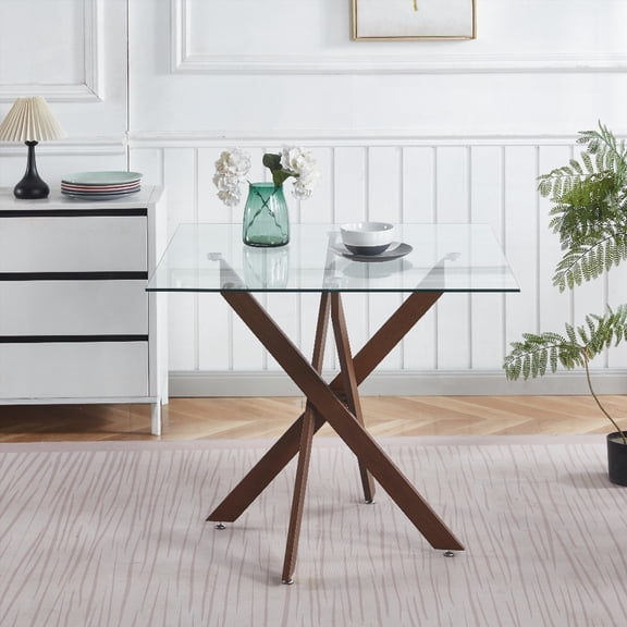 Modern Kitchen Dining Table with Cross Metal Legs and Tempered Glass, Walnut Color, 90x90x75cm for Small Spaces