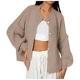 thumbnail image 3 of Women's Sweaters Cardigans Trendy Knit With Metallic Buttons Crewneck Solid Color Fall Coat,Khaki,L, 3 of 6