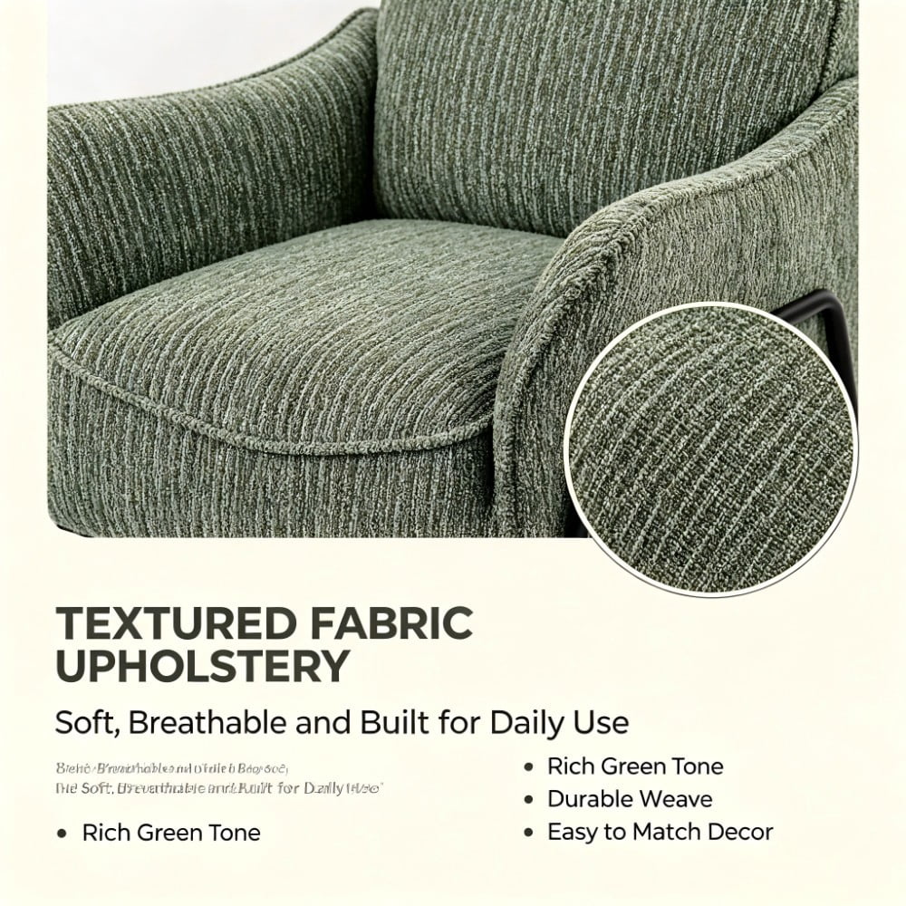Modern Striped Accent Chair, Upholstered Armchair with Black Metal Frame, Padded Lounge & Reading Chair with Lumbar Pillow for Living Room, Bedroom & Office, Green
