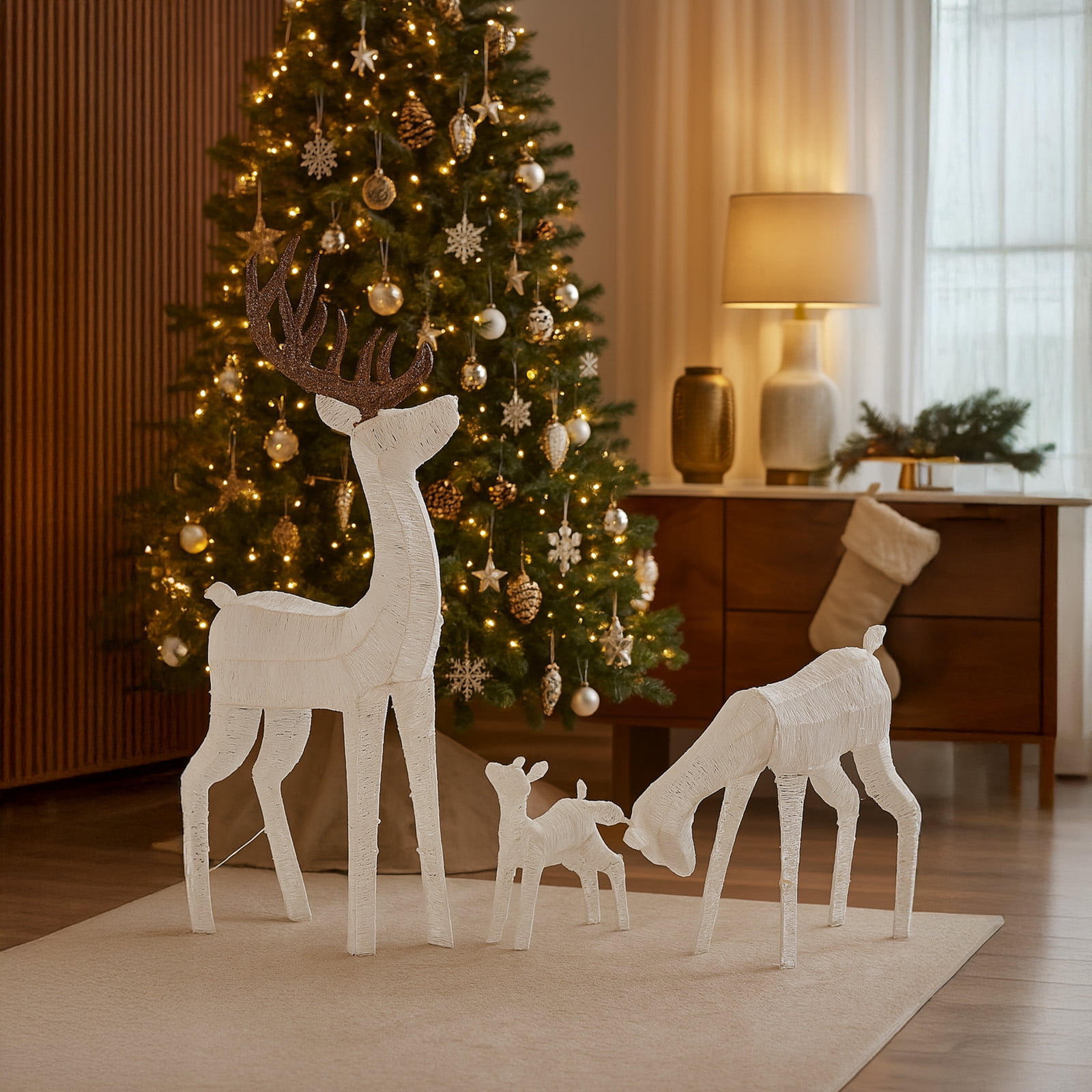 Astoutdoor 3-Piece Lighted Christmas Reindeer Family Set, Pre-Lit 280 LED Warm White Lights, White, Indoor Outdoor Holiday Decoration
