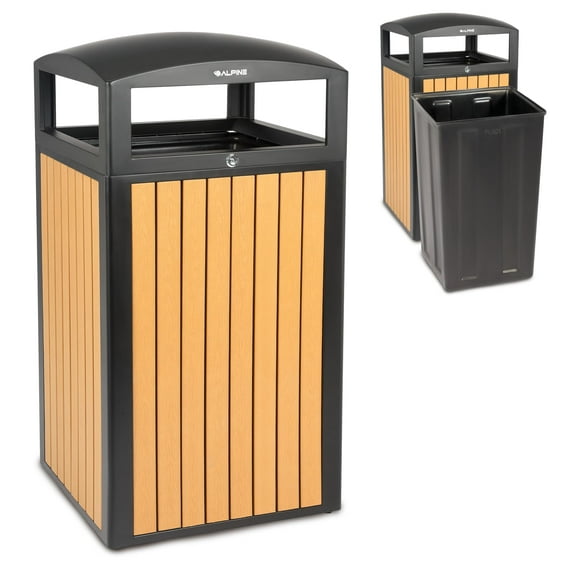 Alpine 40 Gallon Commercial Outdoor Trash Can with Lid - Modern Heavy Duty Large Outdoor Garbage Can with Durable Plastic Bin, Slatted Recycled Plastic Panels Perfect for Patio, Parks, Trails & Resor