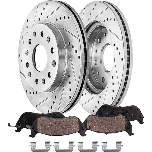 Detroit Axle - Front Brake Kit for GMC Acadia Chevy Traverse Blazer Buick Enclave, Drilled and Slotted Disc Brake Rotors Ceramic Brakes Pads Replacement : 12.64" inch Rotors