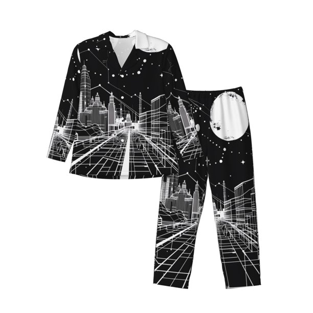 Fotbe Futuristic Moonlit Cityscape Pijama de Hombre con Estampado de Manga Larga, Conjunto de 2 Piezas, Ropa de Dormir Suave y Cómoda con Bolsillos-Small