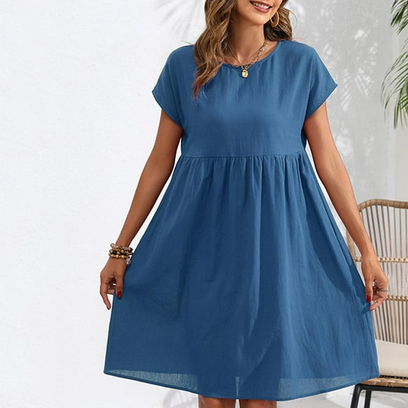 Fengqque Maxi Summer Dresses for Women Summer Cotton And Linen Casual Mid Length Solid ColorShortSleeve Round Neck Dress