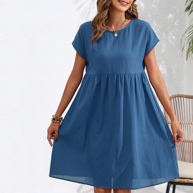 Robe d'Été pour Femmes, Robe d'Été Décontractée pour Femmes, Robe d'Été en Coton et Lin Mi-Longue Couleur Unie Manches Courtes Col Rond
