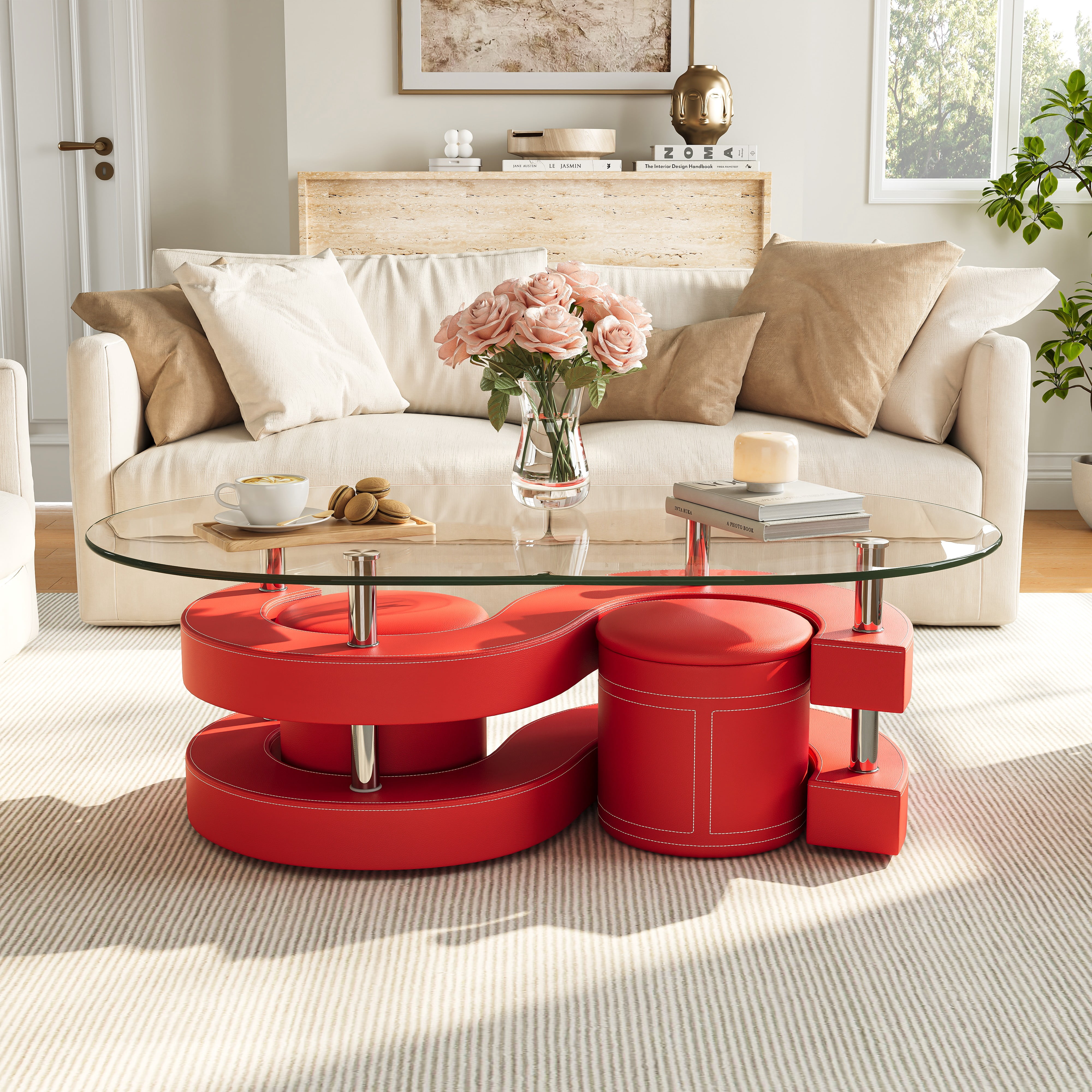 3 Pieces Coffee Table Set, 0.39" Tempered Glass Top and S Shape Base, Oval Modern Coffee Table with 2 Leather Stools, Accent Coffee Table for Living Room Bedroom